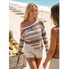 image:imageEVALESS Crochet Tops for Women Long Sleeve Hollow Out Knit Sweaters  Beach Vacation Cruise OutfitsKnit Pullover SweaterLightweight Breathable Cover UpsResort Wear for Spring Summer Fall TopKhaki Stripe