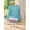 image:imageEVALESS Crochet Tops for Women Long Sleeve Hollow Out Knit Sweaters  Beach Vacation Cruise OutfitsKnit Pullover SweaterLightweight Breathable Cover UpsResort Wear for Spring Summer Fall TopA Light Blue