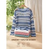 image:imageEVALESS Crochet Tops for Women Long Sleeve Hollow Out Knit Sweaters  Beach Vacation Cruise OutfitsKnit Pullover SweaterLightweight Breathable Cover UpsResort Wear for Spring Summer Fall TopBlue Stripe