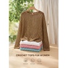 image:imageEVALESS Crochet Tops for Women Long Sleeve Hollow Out Knit Sweaters  Beach Vacation Cruise OutfitsKnit Pullover SweaterLightweight Breathable Cover UpsResort Wear for Spring Summer Fall TopDark Khaki