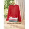 image:imageEVALESS Crochet Tops for Women Long Sleeve Hollow Out Knit Sweaters  Beach Vacation Cruise OutfitsKnit Pullover SweaterLightweight Breathable Cover UpsResort Wear for Spring Summer Fall TopRed