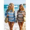 image:imageEVALESS Crochet Tops for Women Long Sleeve Hollow Out Knit Sweaters  Beach Vacation Cruise OutfitsKnit Pullover SweaterLightweight Breathable Cover UpsResort Wear for Spring Summer Fall TopKhaki Stripe