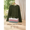 image:imageEVALESS Crochet Tops for Women Long Sleeve Hollow Out Knit Sweaters  Beach Vacation Cruise OutfitsKnit Pullover SweaterLightweight Breathable Cover UpsResort Wear for Spring Summer Fall TopGreen