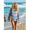 image:imageEVALESS Crochet Tops for Women Long Sleeve Hollow Out Knit Sweaters  Beach Vacation Cruise OutfitsKnit Pullover SweaterLightweight Breathable Cover UpsResort Wear for Spring Summer Fall TopBlue Stripe