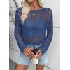 image:imageEVALESS Crochet Tops for Women Long Sleeve Hollow Out Knit Sweaters  Beach Vacation Cruise OutfitsKnit Pullover SweaterLightweight Breathable Cover UpsResort Wear for Spring Summer Fall TopDark Blue