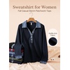 image:imageEVALESS Womens Sweatshirt Waffle Knit Denim Patchwork Long Sleeve Tops  Button Up Jean Shirts 2026 Fashion Fall Clothes Sweatshirts for Women Casual Pullover BlousesNavy Blue