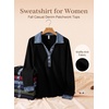 image:imageEVALESS Womens Sweatshirt Waffle Knit Denim Patchwork Long Sleeve Tops  Button Up Jean Shirts 2026 Fashion Fall Clothes Sweatshirts for Women Casual Pullover BlousesBlack