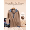 image:imageEVALESS Womens Sweatshirt Waffle Knit Denim Patchwork Long Sleeve Tops  Button Up Jean Shirts 2026 Fashion Fall Clothes Sweatshirts for Women Casual Pullover BlousesKhaki