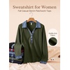 image:imageEVALESS Womens Sweatshirt Waffle Knit Denim Patchwork Long Sleeve Tops  Button Up Jean Shirts 2026 Fashion Fall Clothes Sweatshirts for Women Casual Pullover BlousesJungle Green