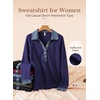 image:imageEVALESS Womens Sweatshirt Waffle Knit Denim Patchwork Long Sleeve Tops  Button Up Jean Shirts 2026 Fashion Fall Clothes Sweatshirts for Women Casual Pullover BlousesDark Blue