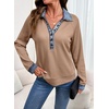 image:imageEVALESS Womens Sweatshirt Waffle Knit Denim Patchwork Long Sleeve Tops  Button Up Jean Shirts 2026 Fashion Fall Clothes Sweatshirts for Women Casual Pullover BlousesKhaki