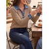 image:imageEVALESS Womens Sweatshirt Waffle Knit Denim Patchwork Long Sleeve Tops  Button Up Jean Shirts 2026 Fashion Fall Clothes Sweatshirts for Women Casual Pullover BlousesKhaki