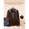 image:imageEVALESS Womens Sweatshirt Waffle Knit Denim Patchwork Long Sleeve Tops  Button Up Jean Shirts 2026 Fashion Fall Clothes Sweatshirts for Women Casual Pullover BlousesBrown