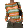 image:imageEVALESS Crochet Tops for Women Long Sleeve Hollow Out Knit Sweaters  Beach Vacation Cruise OutfitsKnit Pullover SweaterLightweight Breathable Cover UpsResort Wear for Spring Summer Fall TopOrange Stripe