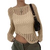 image:imageEVALESS Crochet Tops for Women Long Sleeve Hollow Out Knit Sweaters  Beach Vacation Cruise OutfitsKnit Pullover SweaterLightweight Breathable Cover UpsResort Wear for Spring Summer Fall TopKhaki