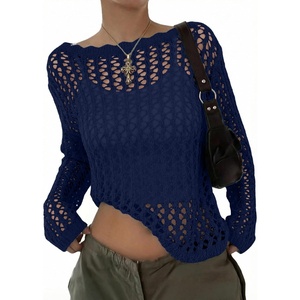 image:imageEVALESS Crochet Tops for Women Long Sleeve Hollow Out Knit Sweaters  Beach Vacation Cruise OutfitsKnit Pullover SweaterLightweight Breathable Cover UpsResort Wear for Spring Summer Fall TopNavy Blue