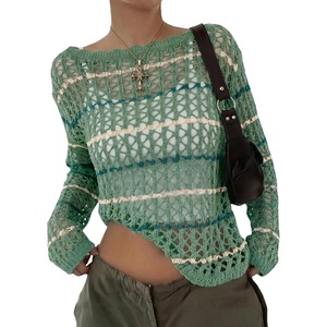 image:imageEVALESS Crochet Tops for Women Long Sleeve Hollow Out Knit Sweaters  Beach Vacation Cruise OutfitsKnit Pullover SweaterLightweight Breathable Cover UpsResort Wear for Spring Summer Fall TopGreen Stripe