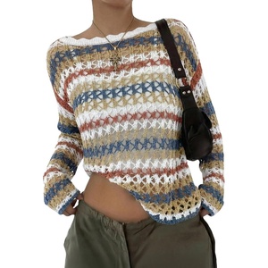 image:imageEVALESS Crochet Tops for Women Long Sleeve Hollow Out Knit Sweaters  Beach Vacation Cruise OutfitsKnit Pullover SweaterLightweight Breathable Cover UpsResort Wear for Spring Summer Fall TopKhaki Stripe