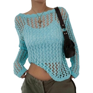 image:imageEVALESS Crochet Tops for Women Long Sleeve Hollow Out Knit Sweaters  Beach Vacation Cruise OutfitsKnit Pullover SweaterLightweight Breathable Cover UpsResort Wear for Spring Summer Fall TopA Light Blue
