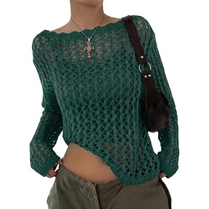 image:imageEVALESS Crochet Tops for Women Long Sleeve Hollow Out Knit Sweaters  Beach Vacation Cruise OutfitsKnit Pullover SweaterLightweight Breathable Cover UpsResort Wear for Spring Summer Fall TopEvergreen