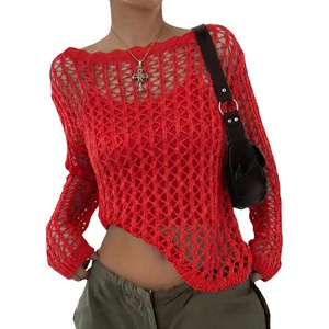 image:imageEVALESS Crochet Tops for Women Long Sleeve Hollow Out Knit Sweaters  Beach Vacation Cruise OutfitsKnit Pullover SweaterLightweight Breathable Cover UpsResort Wear for Spring Summer Fall TopRed
