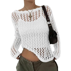 image:imageEVALESS Crochet Tops for Women Long Sleeve Hollow Out Knit Sweaters  Beach Vacation Cruise OutfitsKnit Pullover SweaterLightweight Breathable Cover UpsResort Wear for Spring Summer Fall TopA White