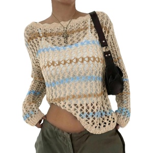 image:imageEVALESS Crochet Tops for Women Long Sleeve Hollow Out Knit Sweaters  Beach Vacation Cruise OutfitsKnit Pullover SweaterLightweight Breathable Cover UpsResort Wear for Spring Summer Fall TopApricot Stripe