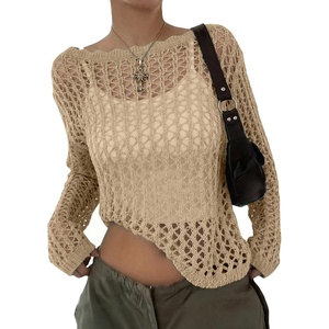 image:imageEVALESS Crochet Tops for Women Long Sleeve Hollow Out Knit Sweaters  Beach Vacation Cruise OutfitsKnit Pullover SweaterLightweight Breathable Cover UpsResort Wear for Spring Summer Fall TopKhaki