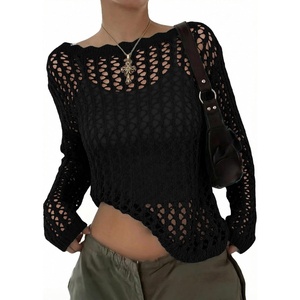 image:imageEVALESS Crochet Tops for Women Long Sleeve Hollow Out Knit Sweaters  Beach Vacation Cruise OutfitsKnit Pullover SweaterLightweight Breathable Cover UpsResort Wear for Spring Summer Fall TopA Black