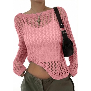 image:imageEVALESS Crochet Tops for Women Long Sleeve Hollow Out Knit Sweaters  Beach Vacation Cruise OutfitsKnit Pullover SweaterLightweight Breathable Cover UpsResort Wear for Spring Summer Fall TopA Pink