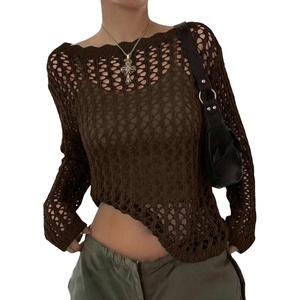image:imageEVALESS Crochet Tops for Women Long Sleeve Hollow Out Knit Sweaters  Beach Vacation Cruise OutfitsKnit Pullover SweaterLightweight Breathable Cover UpsResort Wear for Spring Summer Fall TopBrown
