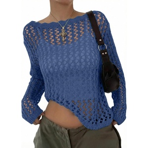 image:imageEVALESS Crochet Tops for Women Long Sleeve Hollow Out Knit Sweaters  Beach Vacation Cruise OutfitsKnit Pullover SweaterLightweight Breathable Cover UpsResort Wear for Spring Summer Fall TopDark Blue