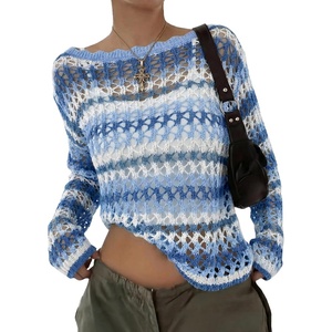 image:imageEVALESS Crochet Tops for Women Long Sleeve Hollow Out Knit Sweaters  Beach Vacation Cruise OutfitsKnit Pullover SweaterLightweight Breathable Cover UpsResort Wear for Spring Summer Fall TopBlue Stripe