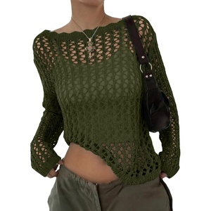 image:imageEVALESS Crochet Tops for Women Long Sleeve Hollow Out Knit Sweaters  Beach Vacation Cruise OutfitsKnit Pullover SweaterLightweight Breathable Cover UpsResort Wear for Spring Summer Fall TopGreen