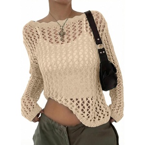 image:imageEVALESS Crochet Tops for Women Long Sleeve Hollow Out Knit Sweaters  Beach Vacation Cruise OutfitsKnit Pullover SweaterLightweight Breathable Cover UpsResort Wear for Spring Summer Fall TopA Beige