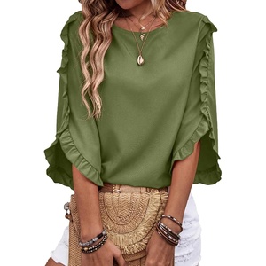 image:imageEVALESS Womens 34 Sleeve Tops Dressy Casual Blouses Ruffle Shirts  Soft Polyester Blouse Fabric Crewneck Ruffle Sleeve Shirts Business Casual Tops for Fall WorkWoodland Green