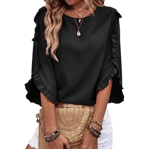 image:imageEVALESS Womens 34 Sleeve Tops Dressy Casual Blouses Ruffle Shirts  Soft Polyester Blouse Fabric Crewneck Ruffle Sleeve Shirts Business Casual Tops for Fall WorkBlack
