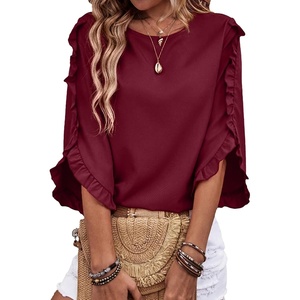 image:imageEVALESS Womens 34 Sleeve Tops Dressy Casual Blouses Ruffle Shirts  Soft Polyester Blouse Fabric Crewneck Ruffle Sleeve Shirts Business Casual Tops for Fall WorkWine