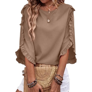 image:imageEVALESS Womens 34 Sleeve Tops Dressy Casual Blouses Ruffle Shirts  Soft Polyester Blouse Fabric Crewneck Ruffle Sleeve Shirts Business Casual Tops for Fall WorkKhaki