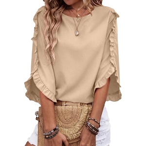 image:imageEVALESS Womens 34 Sleeve Tops Dressy Casual Blouses Ruffle Shirts  Soft Polyester Blouse Fabric Crewneck Ruffle Sleeve Shirts Business Casual Tops for Fall WorkZ Smoke Gray