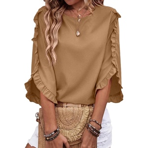 image:imageEVALESS Womens 34 Sleeve Tops Dressy Casual Blouses Ruffle Shirts  Soft Polyester Blouse Fabric Crewneck Ruffle Sleeve Shirts Business Casual Tops for Fall WorkWarm Camel