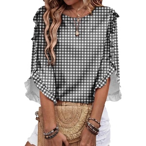 image:imageEVALESS Womens 34 Sleeve Tops Dressy Casual Blouses Ruffle Shirts  Soft Polyester Blouse Fabric Crewneck Ruffle Sleeve Shirts Business Casual Tops for Fall WorkZ Black