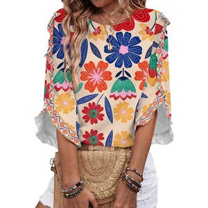 image:imageEVALESS Womens 34 Sleeve Tops Dressy Casual Blouses Ruffle Shirts  Soft Polyester Blouse Fabric Crewneck Ruffle Sleeve Shirts Business Casual Tops for Fall WorkZesty Floral Multicolor