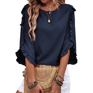 image:imageEVALESS Womens 34 Sleeve Tops Dressy Casual Blouses Ruffle Shirts  Soft Polyester Blouse Fabric Crewneck Ruffle Sleeve Shirts Business Casual Tops for Fall WorkZ Navy Blue