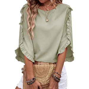 image:imageEVALESS Womens 34 Sleeve Tops Dressy Casual Blouses Ruffle Shirts  Soft Polyester Blouse Fabric Crewneck Ruffle Sleeve Shirts Business Casual Tops for Fall WorkSage Green