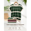 image:imageEVALESS Womens Striped Short Sleeve Knit Sweater Top  Crew Neck SweatersCap Sleeve PulloverRelax Fit Soft Color BlockFall Outfits Business CasualLayered Blouses or T ShirtsGreen
