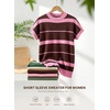 image:imageEVALESS Womens Striped Short Sleeve Knit Sweater Top  Crew Neck SweatersCap Sleeve PulloverRelax Fit Soft Color BlockFall Outfits Business CasualLayered Blouses or T ShirtsPink