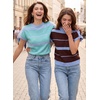 image:imageEVALESS Womens Striped Short Sleeve Knit Sweater Top  Crew Neck SweatersCap Sleeve PulloverRelax Fit Soft Color BlockFall Outfits Business CasualLayered Blouses or T ShirtsBlue