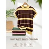 image:imageEVALESS Womens Striped Short Sleeve Knit Sweater Top  Crew Neck SweatersCap Sleeve PulloverRelax Fit Soft Color BlockFall Outfits Business CasualLayered Blouses or T ShirtsYellow