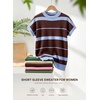 image:imageEVALESS Womens Striped Short Sleeve Knit Sweater Top  Crew Neck SweatersCap Sleeve PulloverRelax Fit Soft Color BlockFall Outfits Business CasualLayered Blouses or T ShirtsBlue